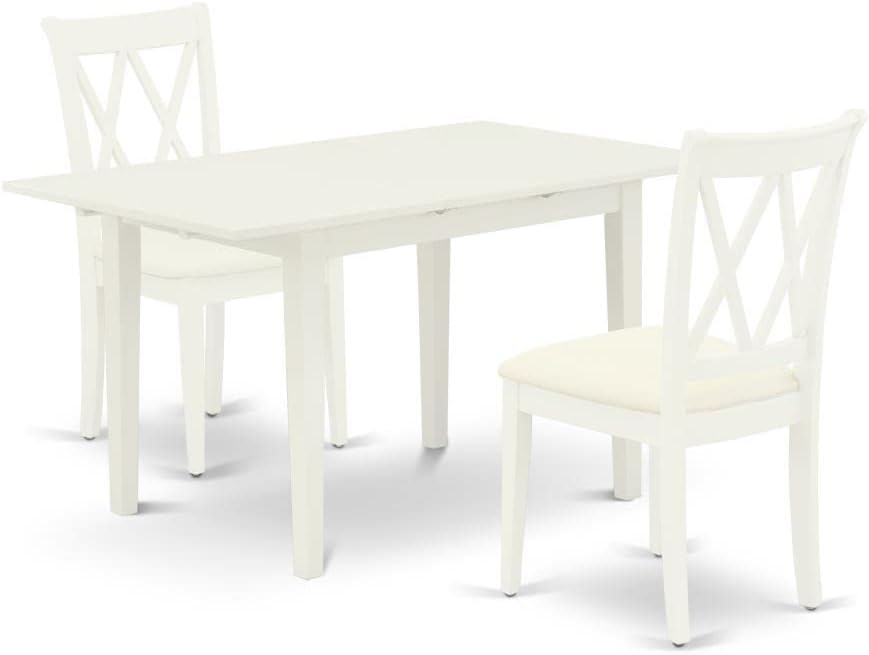 East West Furniture NOCL3-LWH-C 3 Piece Dining Set Contains a Rectangle Dining Room Table with Butterfly Leaf and 2 Linen Fabric Upholstered Kitchen Chairs, 32x54 Inch, Linen White