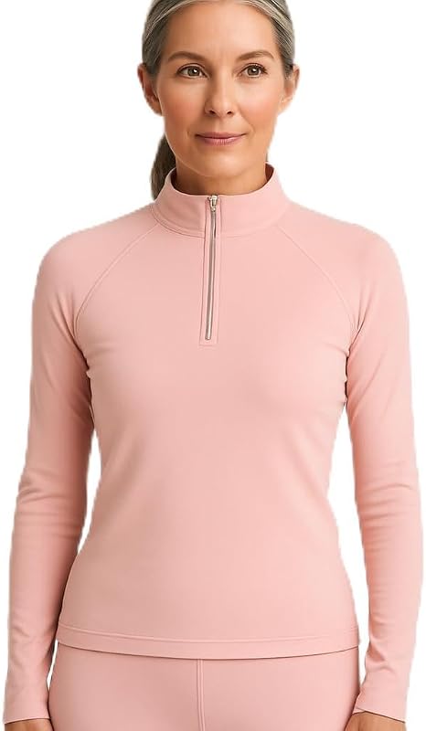 remera Thermaskin Baselayer 1/4 con cremallera para mujer – Camisa térmica ligera de manga larga generadora de calor, color mineral suave, mediana