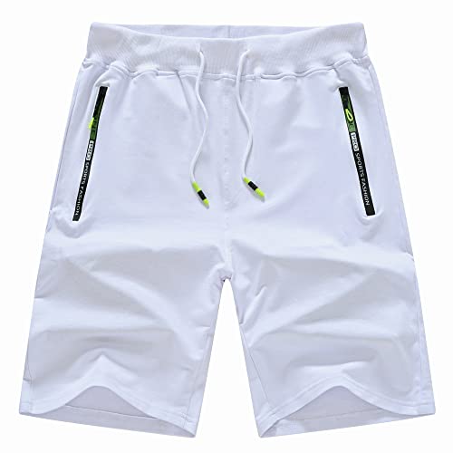 YuKaiChen Herren Workout Shorts Casual Elastische Taille Sweat Sport Shorts Reißverschlusstaschen, Weiß, 46 Cover