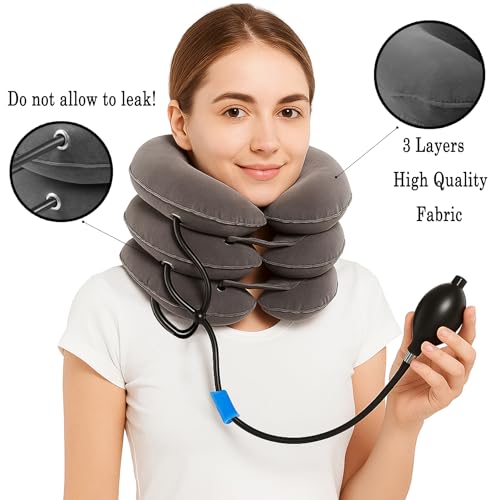 halp·ssfm Inflatable Neck Stretcher Pillow 3-Layer Adjustable Cervical Support Cushion for Neck & Shoulder Relaxation Portable Travel Neck Pillow for Office Home Airplane Dark Gray — view 6