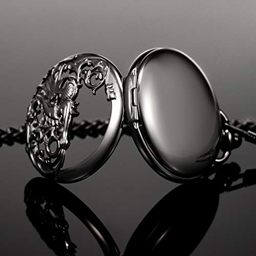 Treeweto Antique Dragon Mechanical Skeleton Black Pocket Watch with Chain