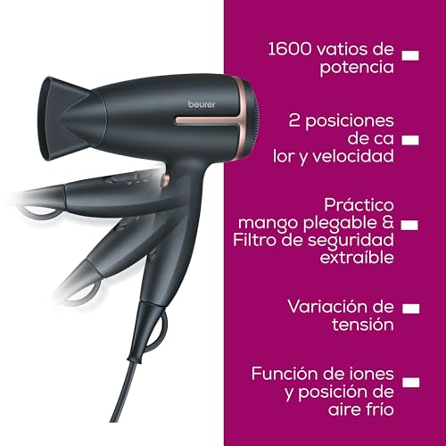HC 25 de Beurer secador de viaje plegable con función de iones, potente secador de pelo, para un cabello suave y liso, para viajes, 1600 vatios, adaptación de tensión universal 110-120/220-240 V
