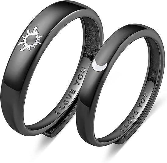 Beydodo 2piezas Anillos de Parejas,Anillo Ajustable Plata de Ley Grabado Luna Sol Anillos Compromiso Anillo Parejas Ajustable Negro