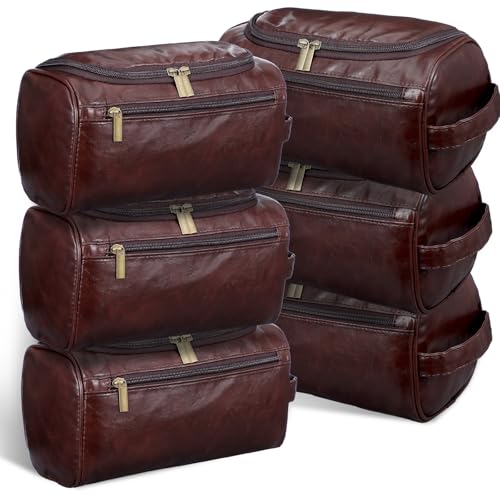 Giloaou 6 Pack Premium Groomsmen Toiletry Bags - PU Leather Travel Shaving Kit with Hook, Wedding Proposal Gift Set for Men, Father, Best Man (Dark Brown)