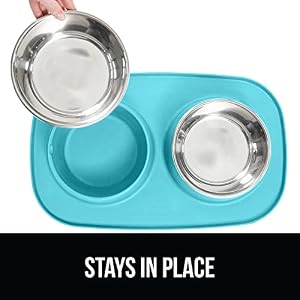 Gorilla Grip 100% Waterproof BPA Free Cat and Dog Bowls Silicone Feeding Mat Set, Stainless Steel Bowl Slip Resistant Raised Edges, Catch Water, Food Mess, No Spills, Pet Accessories, 2 Cup, Turquoise Gorilla Grip 100% Waterproof BPA Free Cat and Dog Bowls Silicone Feeding Mat Set, Stainless Steel Bowl Slip Resistant Raised Edges, Catch Water, Food Mess, No Spills, Pet Accessories, 2 Cup, Turquoise