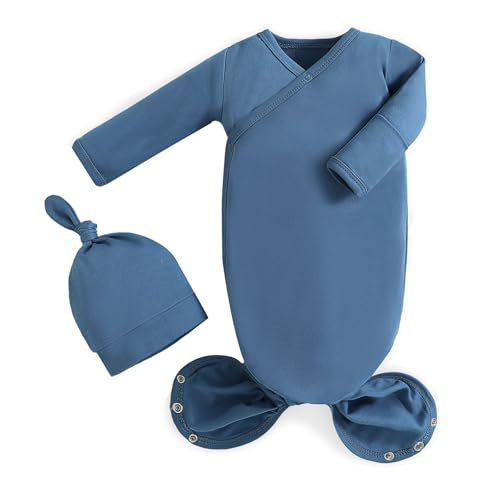 Image of MVUOCR Newborn Knotted Baby Gowns, Soft Cotton Baby Girl Sleeper Newborns, Infant Outfit Sleepers Gown for Girls and Boys, Coming Home from Hospital Outfit with Hat Set Navy Blue