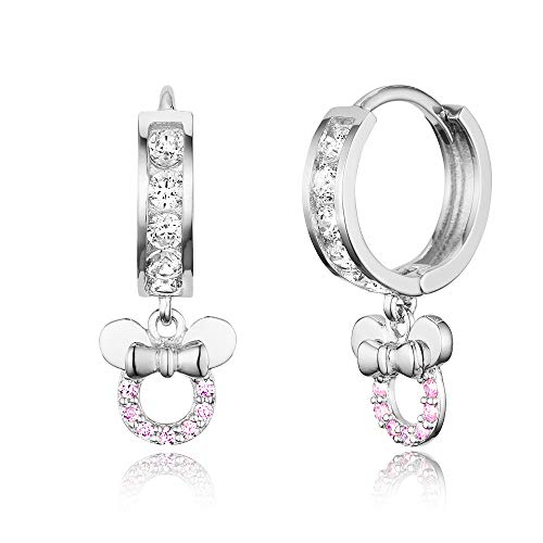 925 Sterling Silver Rhodium Plated Channel CZ Mouse Baby Girl Hoop Huggie Earrings