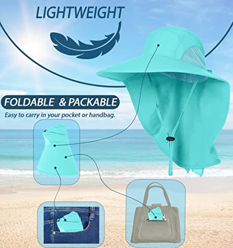 Upf 50+ Sun Protection Hat For Women's Adult Uv Solar Protection Wide Brim Outdoor Beach Fishing Bucket Bonnie Cap Visor With Neck Flap Breathable Mesh Lightweight Foldable Windproof A Turquoise #TOP4