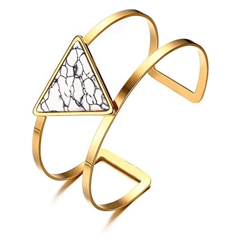 BIRSTONE High Polished IP Gold Plated White Turquoise Double Layer Open Bangle Cover