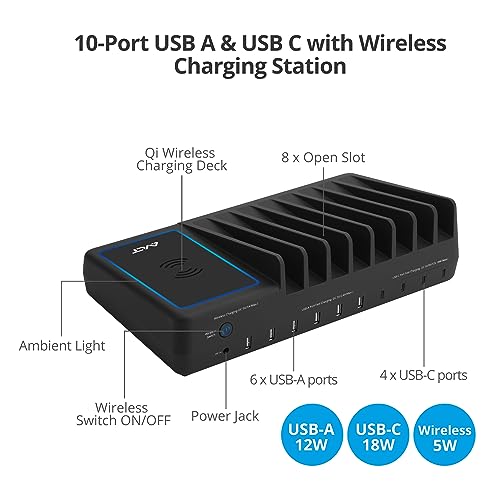 AVLT 150W 10 Port USB-A USB-C with Qi Wireless Charging Station for Multiple Devices Compatible with iPhone iPad AirPods Smartphone Tablet Organizer Includes 4 USB-C to USB-C Charging Cables - Black
