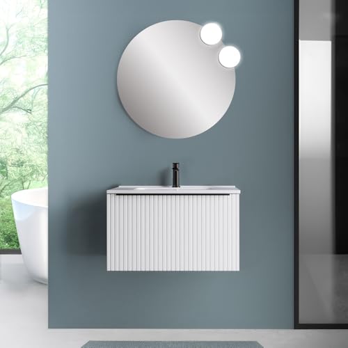 [QUALITÀ CERTIFICATA]: Mobiletto Bagno Sospeso Già Assemblato Da L 79,7 x P 45 x H 40,5 Cm In Finitura Bianco Opaco Cannettato In MDF Laccato con Vernice Ad Acqua Con Cassetto E Maniglia Nera Opaca A Chiusura Rallentata, Incluso Di Specchio Tondo Da ⌀80 Cm E Lavabo In Ceramica Linea Nara