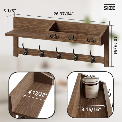 Image of AMBIRD Wall Hooks with Shelf, 26.57 Inch Entryway Wood Coat Hooks for Wall with Shelf, Coat Rack Wall Mount with 5 Dual Hooks 3 Key Hooks Mail Organizer and Key Rack Holder (Brown)