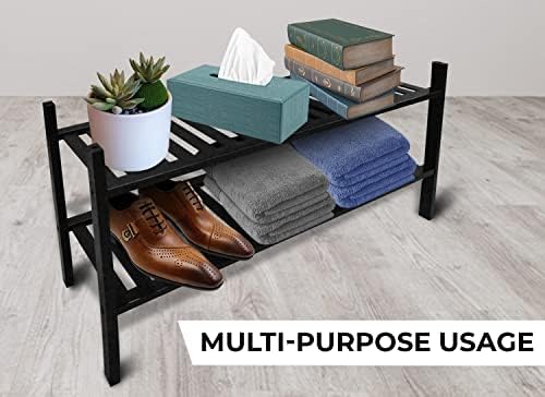 Alyaaz Natural Bamboo Shoe Rack, Multipurpose 2 Tier Shelfs for Shoes, Plants, Books, Living Room, Hallway Bedroom, Bathroom - Size: 70 x 28 x 33 cm (Black)