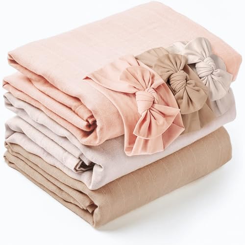 Image of Konssy 3 Pack Muslin Baby Receiving Blankets with Headband Set, Soft Fabric Newborn Swaddle Blanket, Large 45.6 x 45.6 inches, Breathable Muslin Baby Swaddles for Boys & Girls