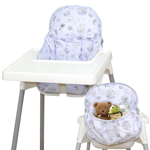 Lomgwumy Für IKEA Hochstuhlkissen, für Antilop-Kissen, mit Stuhltasche, für IKEA Antilop Hochstuhl, Baumwolle, rutschfest, weich, Baby sitzen bequemer (lila Katze Marine Tiermuster)