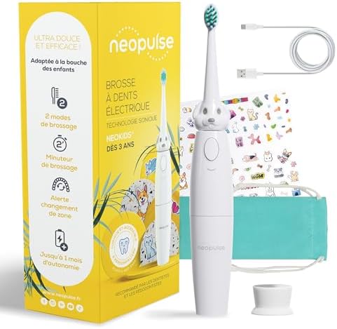 NEOPULSE® - NEOKIDS® - Brosse à Dents Électrique Enfant Sonique Rechargeable + 1 Brossette/tête de brosse blanche Ultra-Souple - dès 3 ans - 2 Modes - Minuteur - personnalisable avec 50 Autocollants