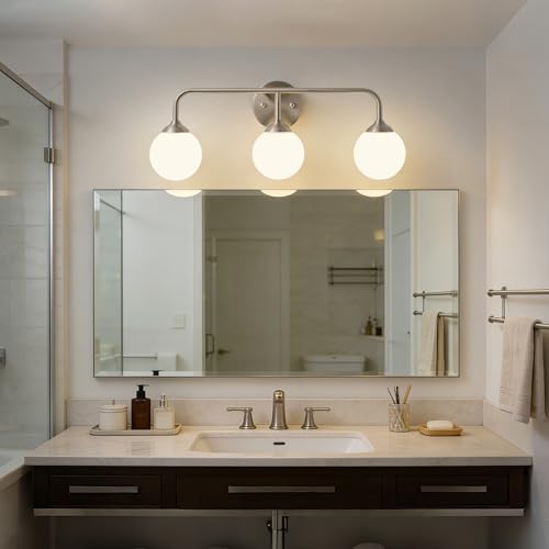 Image of Bathroom Light Fixtures - 3 Light Brushed Brass Vanity Light Over Mirror for Bathroom Mirror Living Room, Brushed Nickel Bathroom Wall Sconce with Frosted Glass Shade, 3 G9 Bulbs Included