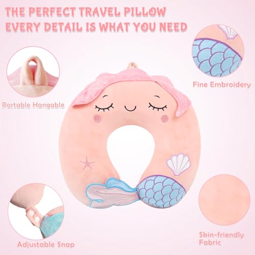 Image of Travel Pillow, Travel Accessories for Car Airplane Traveling, Soft Memory Foam Kids Travel Pillow with Sleep Eye Mask Kids Neck Pillow for Boys & Girls - Cute Pink Mermaid