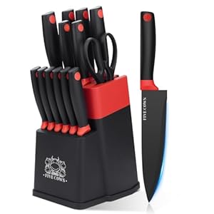 14 Pcs Kitchen Knife Block Set with Sharpener German High Carbon Stainless Steel Chef Knives, Razor-Sharp & Durable, Lightweight Anti-Slip Handle, Professional Set for Home & Kitchen (Red)