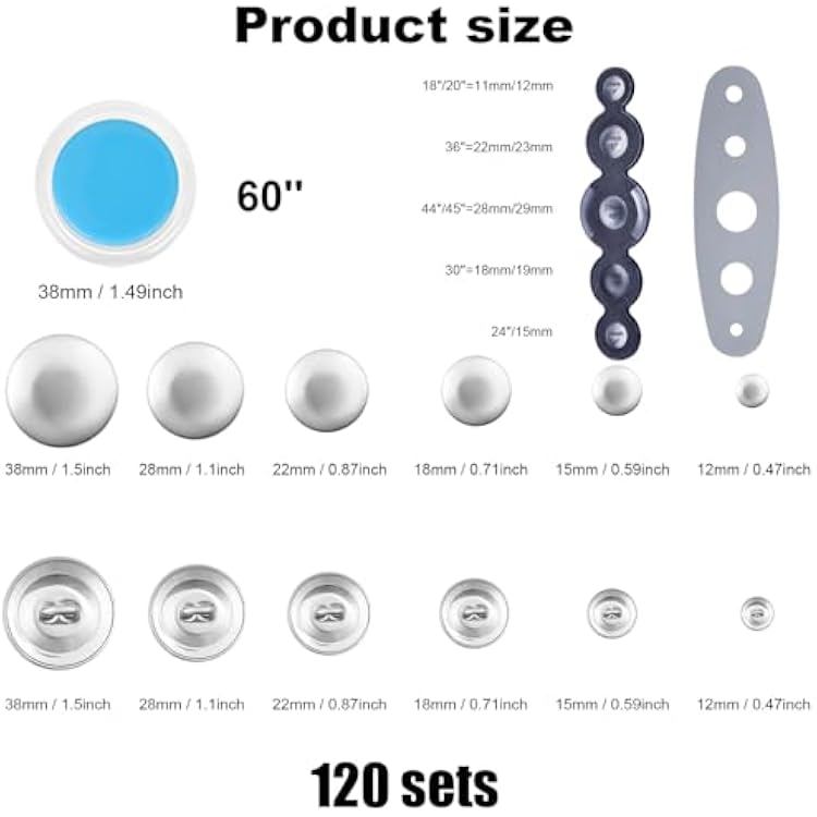 NQEUEPN 120pcs Button Covers, Cover Button Kit with 6 Sizes, DIY Fabric Covered Buttons with 2 Installation Tools to Make Your Own Buttons for Crafts Making DIY Lovers, Silver, 22403