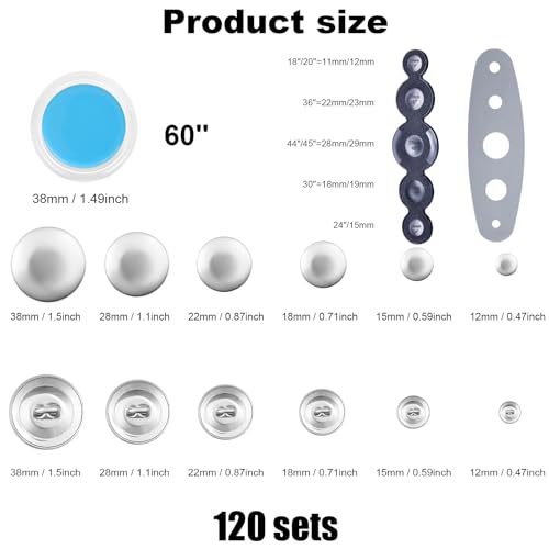 NQEUEPN Lot de 120 housses de boutons en 6 tailles, avec 2 outils d'installation pour créer vos propres boutons pour les amateurs de bricolage, argent, 22403 – vue 2