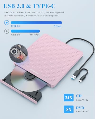 Image of External CD DVD Drive for Laptop, USB 3.0 Type-C Ultra Slim 13mm DVD Player Portable CD DVD + /-RW Drive CD Burner Reader Writer Recorder for Desktop PC Windows 11 /10 /8 /7 Linux Mac OS (Pink)