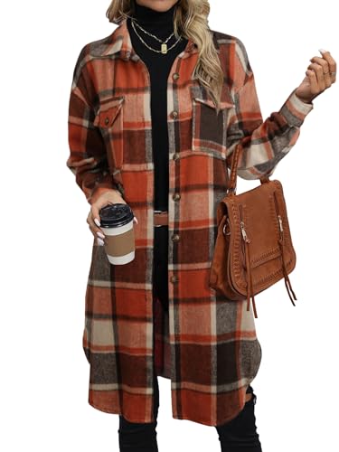 NIeyook Plaid Shacket Jacket Women Button Down Long Flannel Shirt Fall Oversized Jackets Casual Shaket Lapel Winter Coats