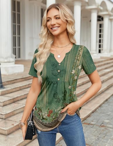 Zeagoo Womens Short Sleeve Tops Summer Henley V-Neck Tshirts Casual Pleated Blouse Dressy Loose Floral Basic Tee3