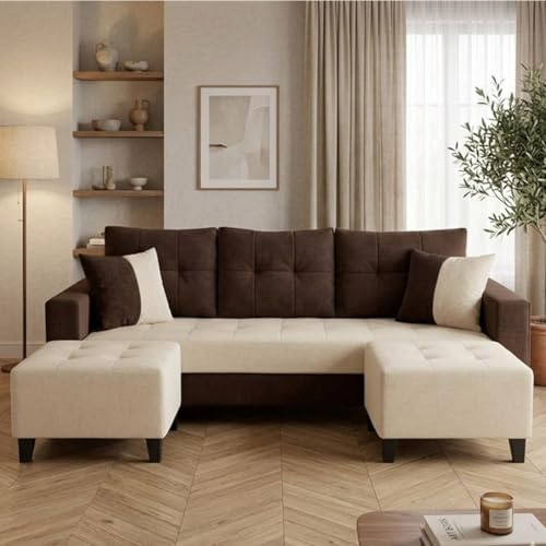 Image of SLEEPIFY Harlon Velvet-Suede Fabric 3 Seater Sofa Set with 2 Ottoman (Dark Brown - Cream) | Comfortable & Spacious Seating | Modern Sofa Set for Living Room | Soft Touch Upholstery