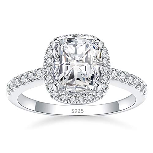 AVECON 925 Sterling Silver Cushion Cut Halo Solitaire Engagement Ring with 5A Cubic Zirconia Size 7