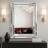blingworld Decorative Wall Mirror, 32x24 Crushed Diamond Mirrors with Crystal for Wall Decor Living Room Silver Luxury Modern Mirrored Home Decoration Big Large Mirror Silver