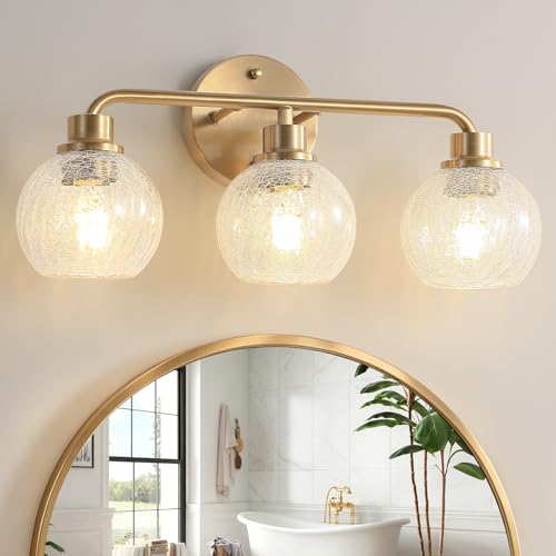 Image of Bathroom Light Fixtures Gold Vanity Light 3 Light Brushed Brass | Wall Sconces Lighting with Crackle Globe Glass Shades Bath Wall Lamp for Mirror Kitchen Living Room Bedroom Hallway