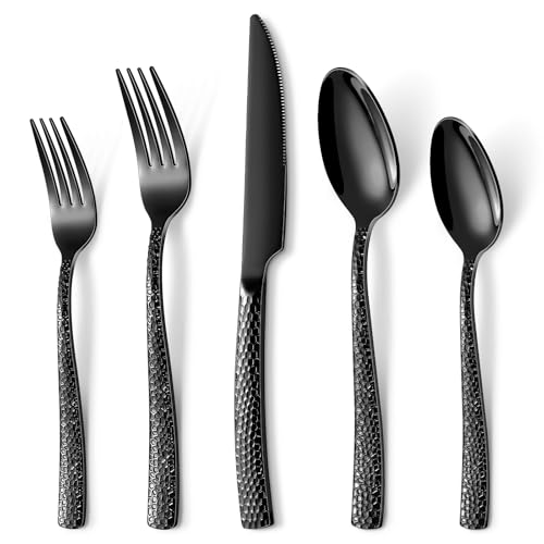 HONKKU 30 Teiliges Besteck Set 6 Personen Schwarz, Verdickter Edelstahl Besteckset mit Gehämmert Griff, Essbesteck Set mit Messer Gabel Löffel,...