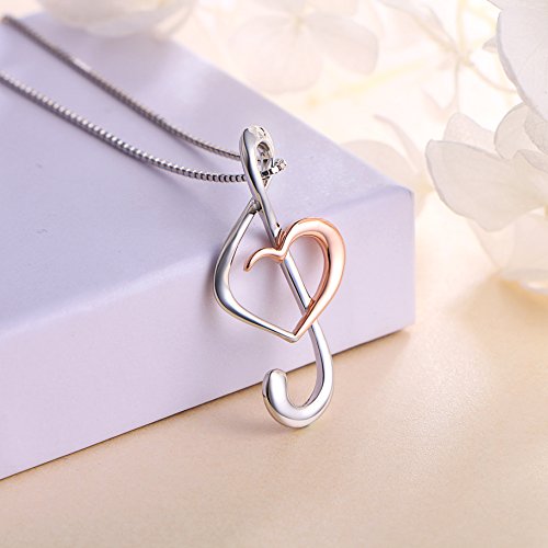 DAOCHONG 925 Sterling Silver Musical Note Treble Clef Rose Gold Plated Music Heart Pendant Necklace Jewelry for Women Graduation Christmas, Box Chain 18" (Rose Gold Plated)