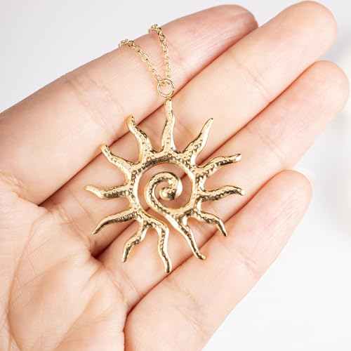 Spiral Sun Pendant Necklace, Gold Plated, 33x40.5mm Pendant, 45+5cm Chain Length, Textured Celestial Design4