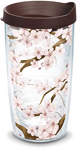 Tervis Cherry Blossom Tumbler with Wrap and Brown Lid, 16oz, Clear - //coolthings.us