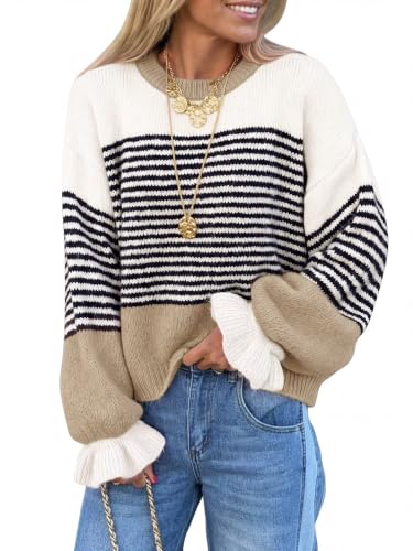 Saodimallsu Womens Color Block Striped Sweaters Ruffle Sleeve knit Pullover