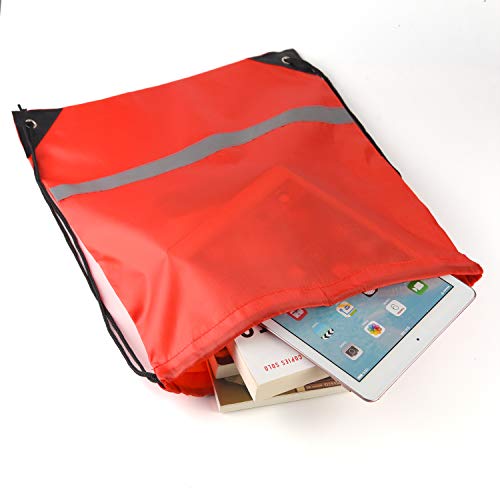 Image of KUUQA 12 Pcs Red Drawstring Backpacks with Reflective Strips - Polyester, 15.7 inch x 13.4 inch, Ideal for Yoga, Sport, Travel