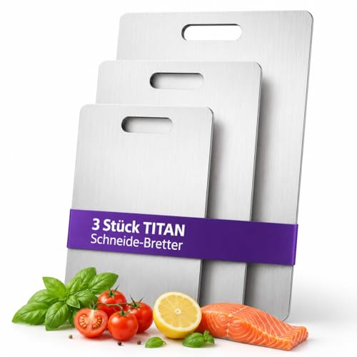 NOVA Titan Schneidebrett 3er Set S M L Edelstahl Schneidebrett Set spülmaschinenfest hygienische Schneidebretter geruchsneutral & platzsparend Titanium Cutting Board für Obst Gemüse Brot Käse