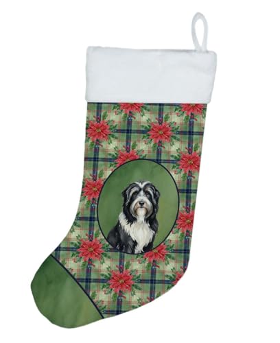 Caroline's Treasures Black Bearded Collie Christmas Poinsettas Holiday Stocking Double-Sided Print, Polyester Suede,11x18, Made in USA
