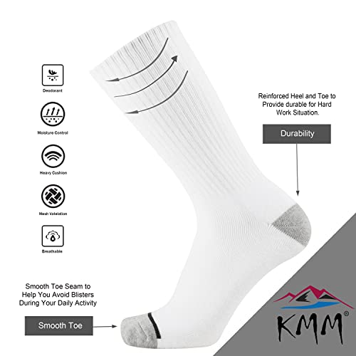 Kmm Men's Cotton Full Thick Cushion Crew Socks Moisture Control Heavy Duty Work Boot Dry Fit Warm Thermal Anti Sweat Blisters(White L) #TOP2