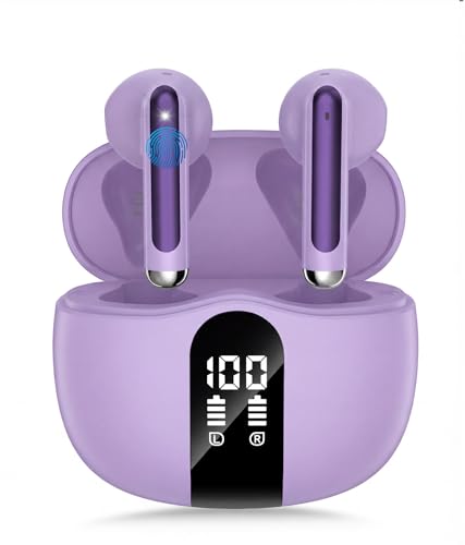 Image of Wireless Earbuds, 2026 Bluetooth 5.4 Headphones Bass Stereo Ear Buds with Noise Cancelling Mic, LED Display in Ear Earphones 50H Playtime Ear Buds, IP7 Waterproof for Laptop Pad Phones Pure Purple