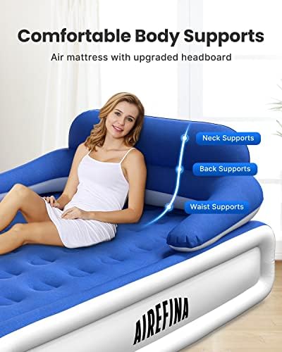 Airefina Air Bed with Headboard, King Size Inflatable Mattress with Built-in Pump, Camping Air Beds Backrest for Outdoors, Double Airbed for Adult Sleeping Bedroom, Portable Fast Inflatable Deflatable