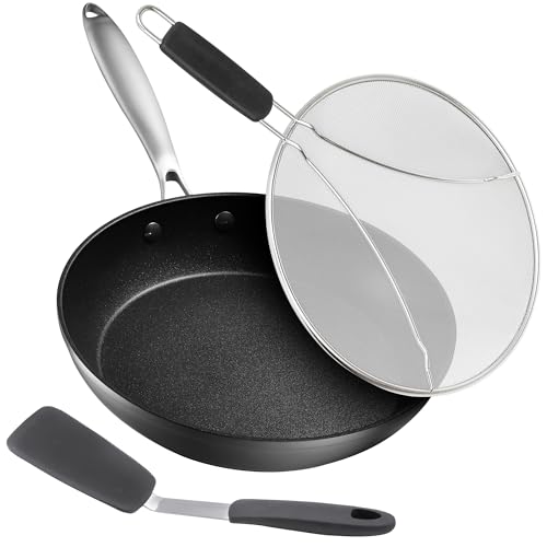 Image of Frying Pan Nonstick - 10" Non Stick Frying Pan with Lid Splatter Screen - Lightweight Aluminum Fry Pan Skillet Includes Spatula - 2" Deep Egg Pan, PFAS-Free and PFOA Free, Dishwasher Safe, Oven Safe