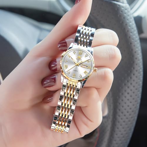 Image of OLEVS Luxury Ladies Watches,Women's Watch with Day and Date,Female Watch for Small Wrist,Gold Stainless Steel Watches for Women,Easy Read Ladies Wrist Watches Waterproof(Adjustable Strap