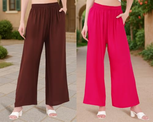 Image of Buy That Trendz Palazzo Pants for Women Rayon Elasticated Regular Fit Flared Wide Leg M to 6XL Pack of 2