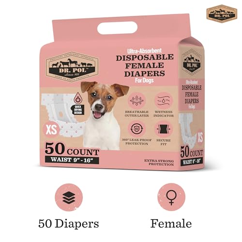 Dr Pol Dog Diapers for Female Dogs | Disposable Pet Diapers with Wetness Indicators | Adjustable Fit | Leak Protection & Super Absorbent | Perfect for Heat Cycles & Training Accidents | Pack of 50