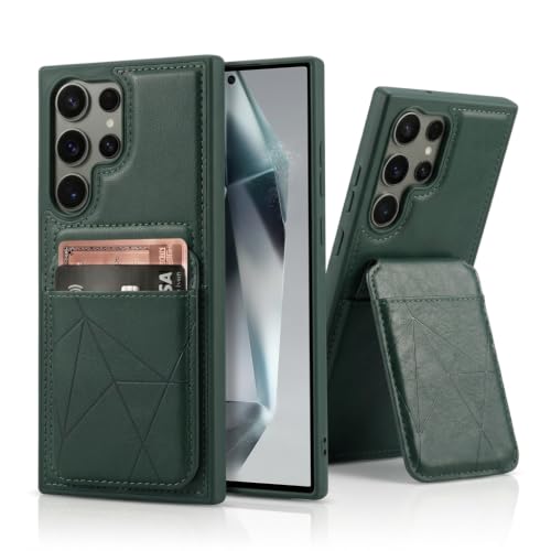 Image of amazon basics Premium Vegan Leather Back Cover with Card Holder and Integrated Mobile Stand for Samsung Galaxy S23 Ultra 5G - Slim Shockproof Wallet Case with Geometric Stitching [Green]