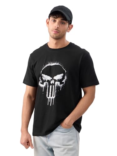 Image of The Souled Store Official Punisher: Classic Logo Men and Boys Short Sleeves Round Neck Black Graphic Printed Regular Fit Cotton T-Shirts