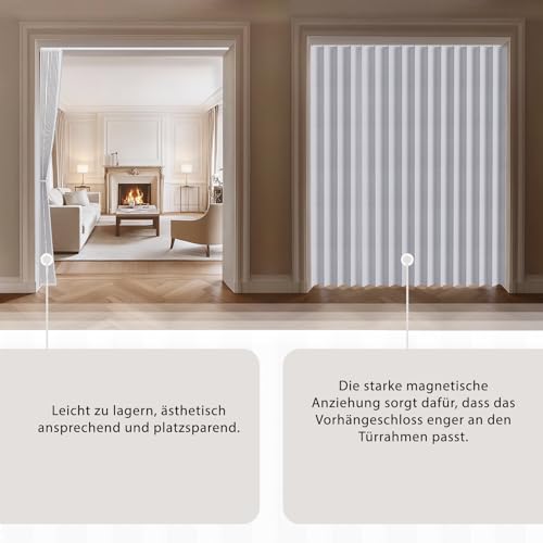 JILRON 100% Blickdichter Türvorhang – Faltbares Akordion-Design mit Magnetverschluss & Klebemontage ohne Bohren, inkl. Schiene – Für Terrassentüren oder Glastüren, Weiß, 201x180 cm